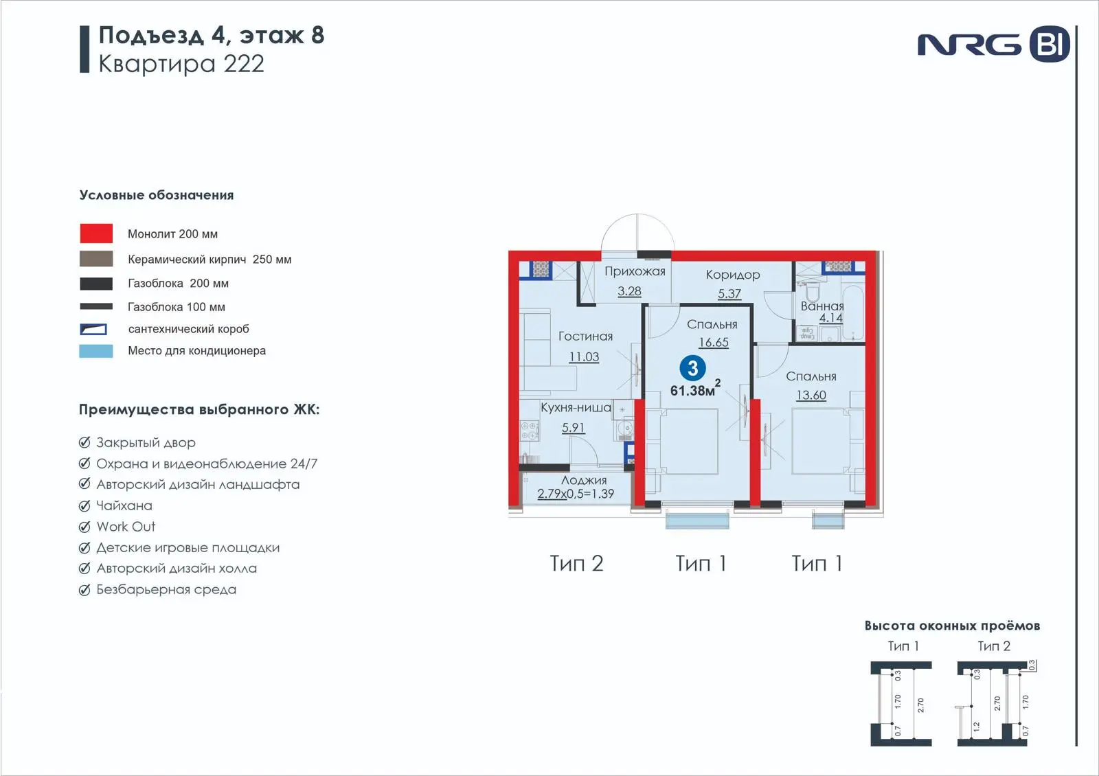 3-комнатная квартира, 61.4 м² — планировка