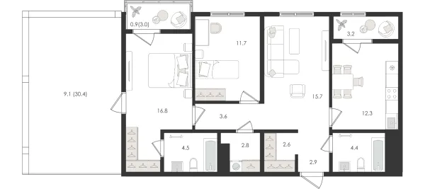 3-xonali 90.37 m²