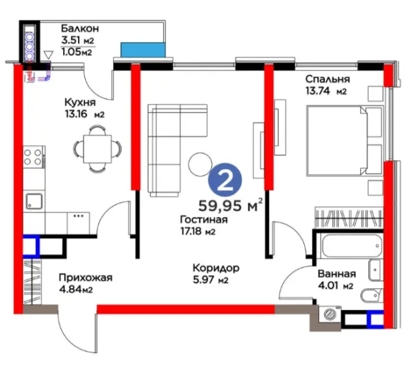 2 xonali 59.95 m²
