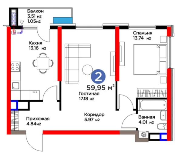 2 xonali 59.95 m²