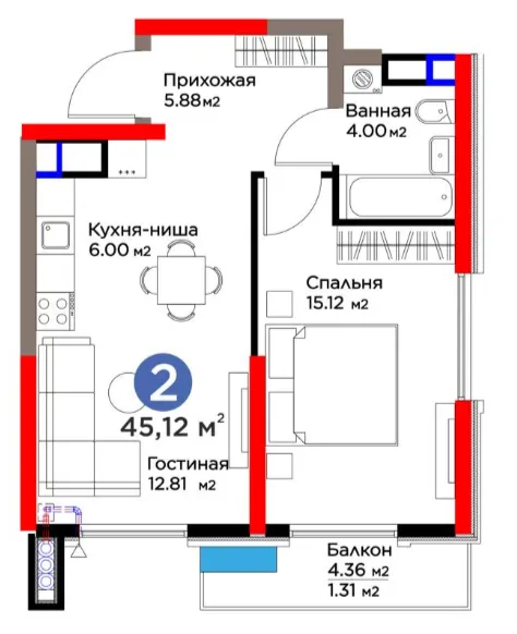 2 xonali 45.12 m²