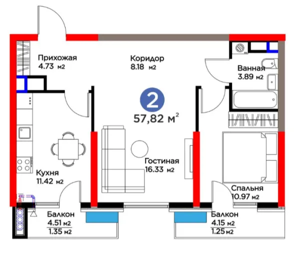 2 xonali 57.82 m²