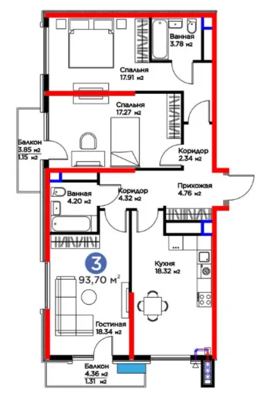3 xonali 93.7 m²