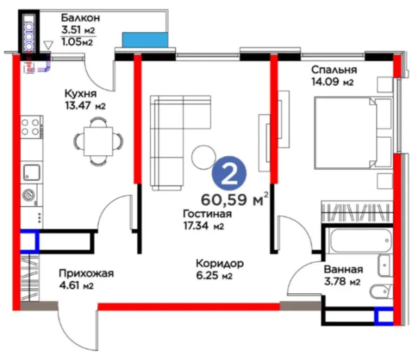 2 xonali 60.59 m²