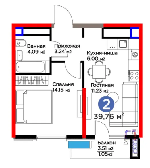 2 xonali 39.76 m²