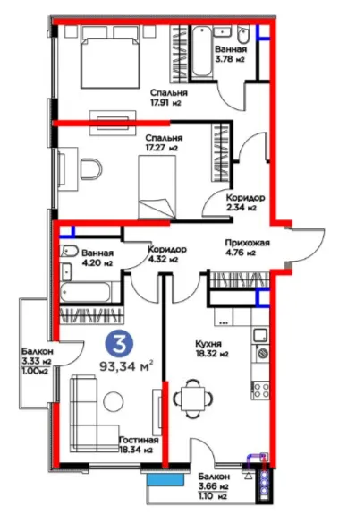 3 xonali 93.34 m²