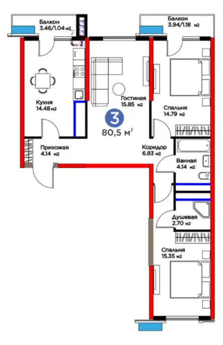 3 xonali 80.5 m²