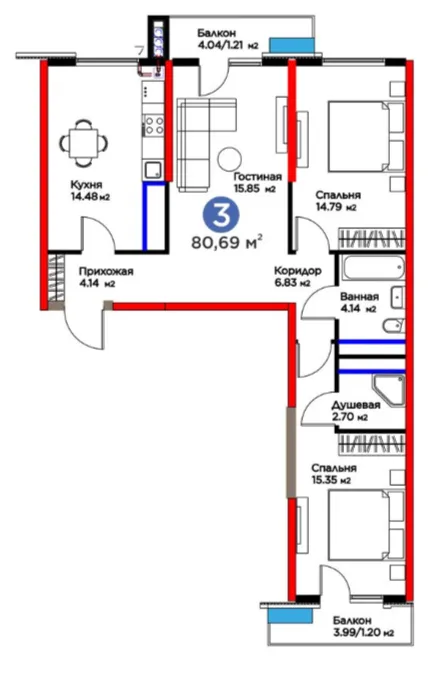 3 xonali 80.69 m²