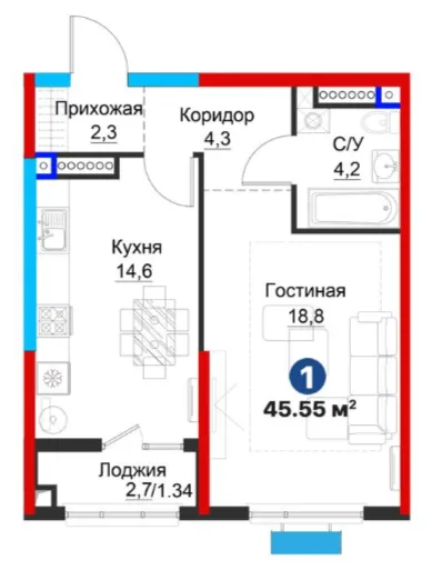 1 xonali 45.55 m²