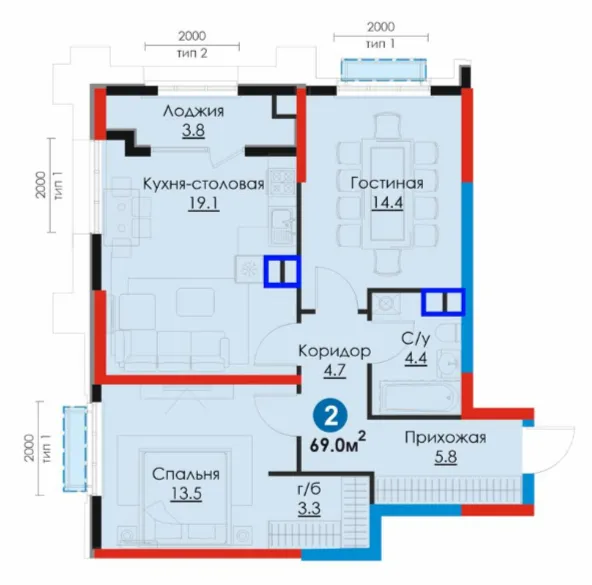 2 xonali 68.09 m²