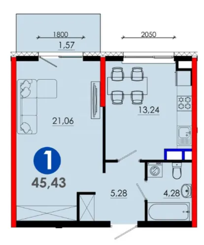 1 xonali 45.43 m²