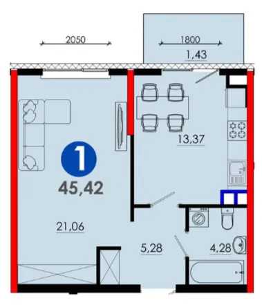 1 xonali 45.42 m²