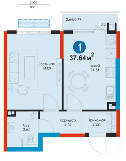 1 xonali 37.64 m²