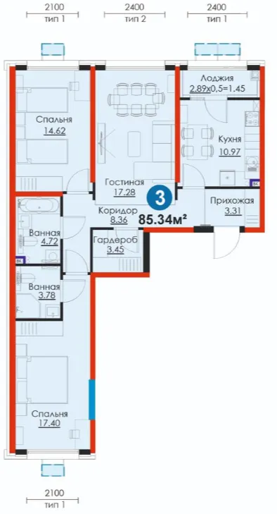 3 xonali 85.34 m²