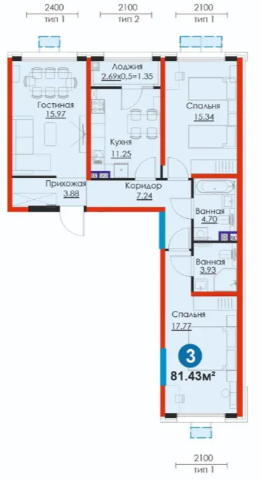 3 xonali 81.43 m²