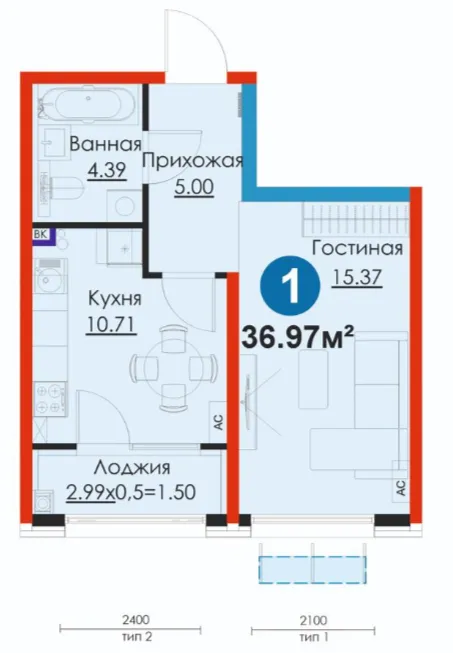 1 xonali 36.97 m²