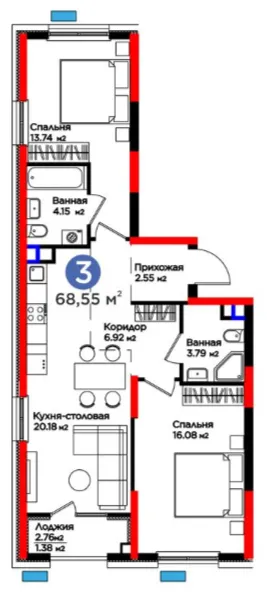 3 xonali 70.39 m²