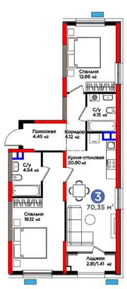 3 xonali 72.01 m²