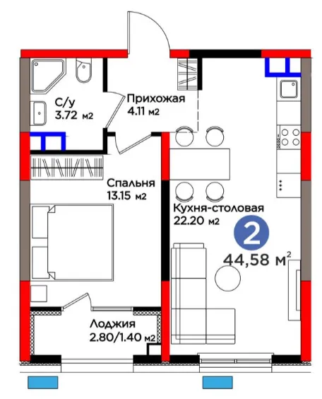2 xonali 46.2 m²