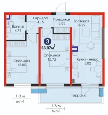 3 xonali 63.97 m²