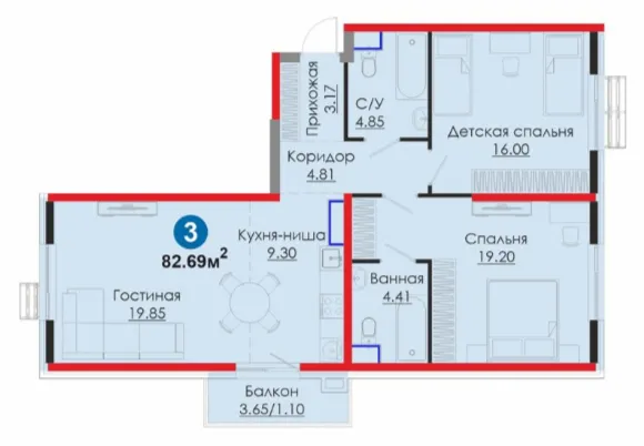 3 xonali, 82.69 m²