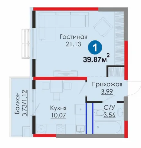 1 xonali, 39.87 m²