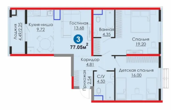 3 xonali, 77.05 m²