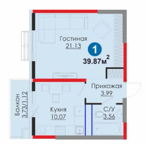 1 xonali, 39.87 m²