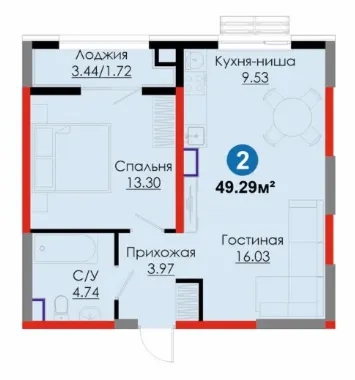 2 xonali, 49.29 m²