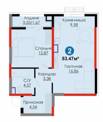 2 xonali, 53.47 m²