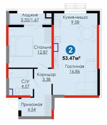 2 xonali, 53.47 m²