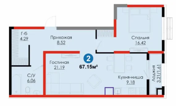 2 xonali, 67.15 m²