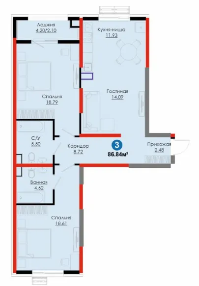 3 xonali 86.84 m²