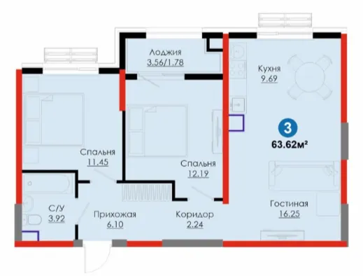 3 xonali 63.62 m²