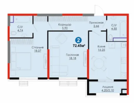 2 xonali 72.45 m²