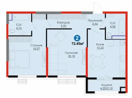 2 xonali 72.45 m²