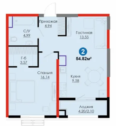 2 xonali 54.82 m²