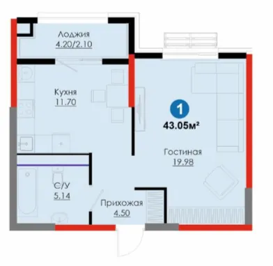 1 xonali 43.05 m²