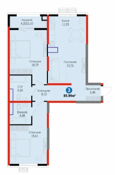 3 xonali 85.99 m²
