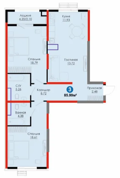 3 xonali 85.99 m²