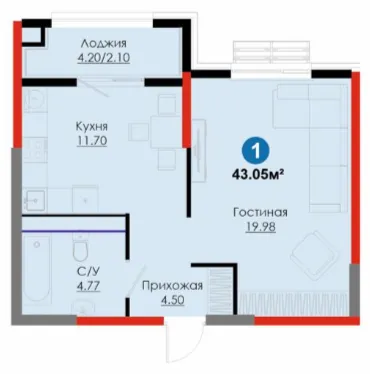 1 xonali 43.05 m²