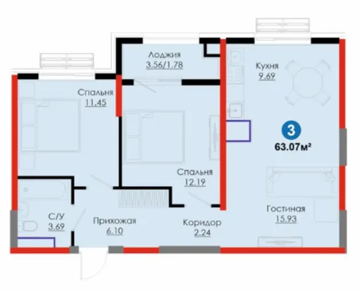 3 xonali 63.07 m²