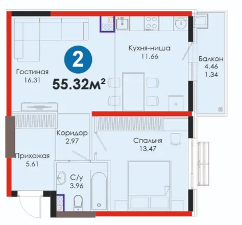 2 xonali 55.32 m²