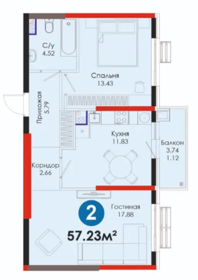 2 xonali 57.23 m²