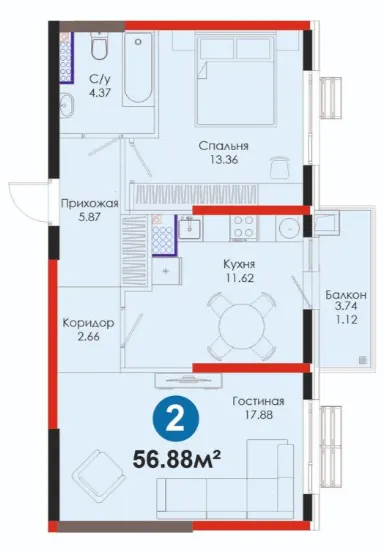 2 xonali 56.88 m²