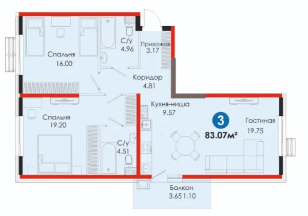 3 xonali 83.07 m²