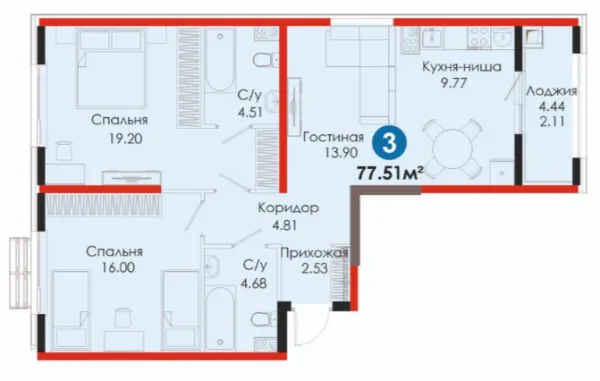 3 xonali 77.51 m²