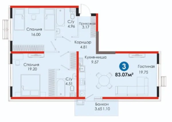 3 xonali 83.07 m²