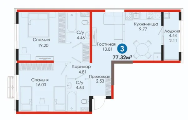 3 xonali 77.32 m²
