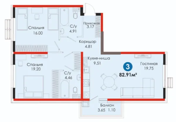 3 xonali 82.91 m²